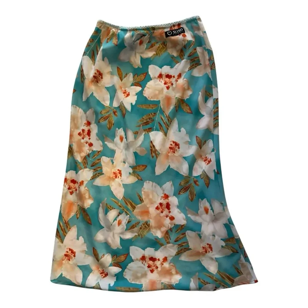 XOXO Jeans Y2K Vintage 90s Midi Slip Skirt Womens Medium Floral Blue Boho